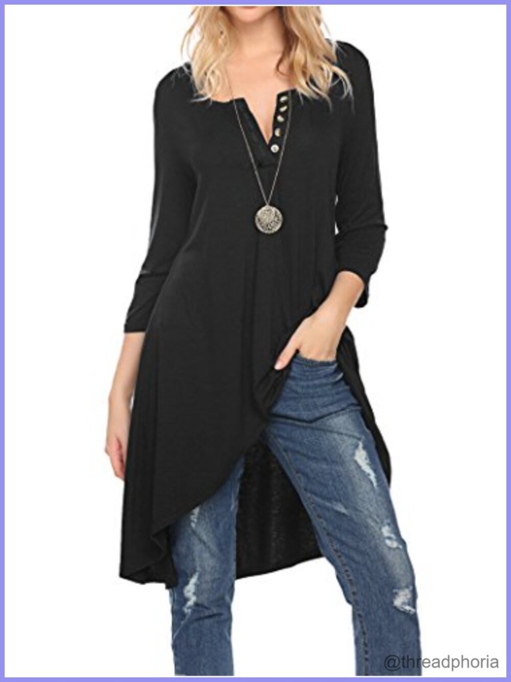 Women's Extra Long Tunic Top 3/4 Sleeve High Low Henley Blouse